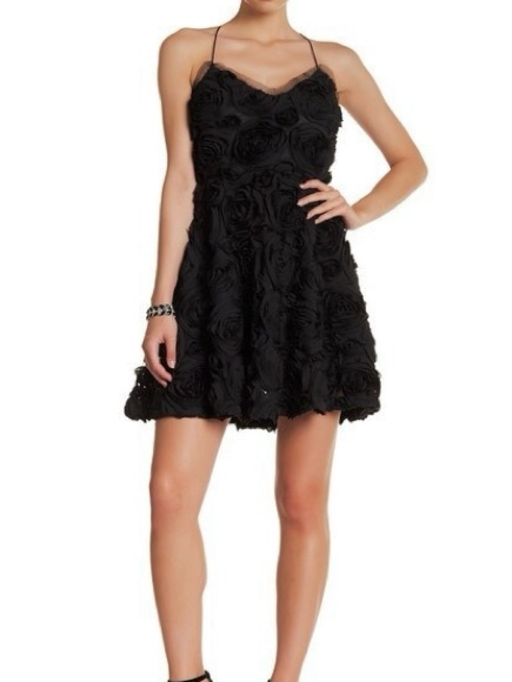 Laundry By Shelli Segal Black 3D Rosette Fit & Flare Mini Dress Sz 4 Formal Prom